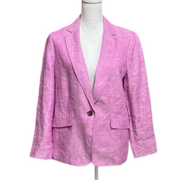 Talbots Pink Linen Blazer size 12P lined One button closure herringbone pattern - Picture 2 of 13